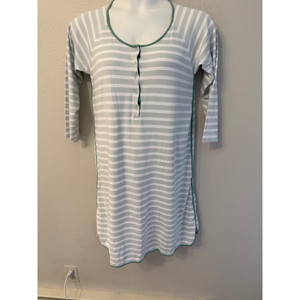 Lake Pajamas Women Grey White Striped Pima Cotton Snap Nightshirt Green trim L